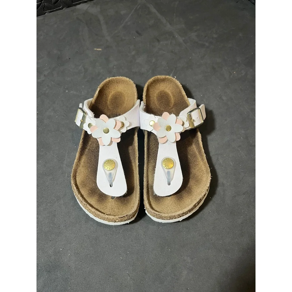 Birkenstock Gizeh Sandals Kids Size 30 White Floral Cork T-Strap Buckle Shoes